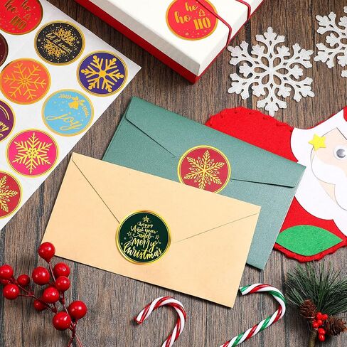 360 Pieces Merry Christmas Stickers, 2 inch Gold Color Snowflake Stickers Tags Joy Deer Adhesive Labels Xmas Cards Gift Envelopes Seals Boxes Decorative Stickers for Christmas Holidays Party Supplies in Saudi Arabia