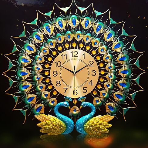 Large Peacock Wall Clock for Living Room Decor 28 inch Metal Design Non-Ticking Silent Modern Art Decorative Wall Clocks for Dining Room Bedroom in Saudi Arabia