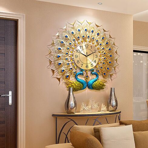Large Peacock Wall Clock for Living Room Decor 28 inch Metal Design Non-Ticking Silent Modern Art Decorative Wall Clocks for Dining Room Bedroom in Saudi Arabia