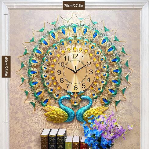 Large Peacock Wall Clock for Living Room Decor 28 inch Metal Design Non-Ticking Silent Modern Art Decorative Wall Clocks for Dining Room Bedroom in Saudi Arabia