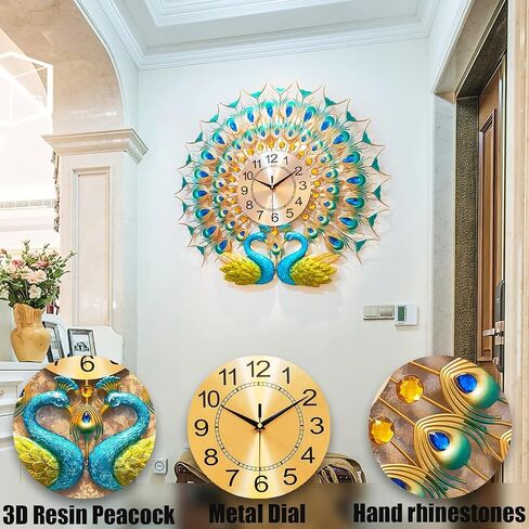 Large Peacock Wall Clock for Living Room Decor 28 inch Metal Design Non-Ticking Silent Modern Art Decorative Wall Clocks for Dining Room Bedroom in Saudi Arabia