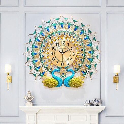 Large Peacock Wall Clock for Living Room Decor 28 inch Metal Design Non-Ticking Silent Modern Art Decorative Wall Clocks for Dining Room Bedroom in Saudi Arabia