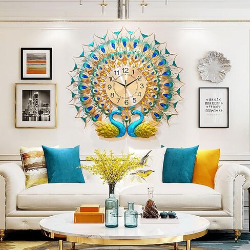 Large Peacock Wall Clock for Living Room Decor 28 inch Metal Design Non-Ticking Silent Modern Art Decorative Wall Clocks for Dining Room Bedroom in Saudi Arabia
