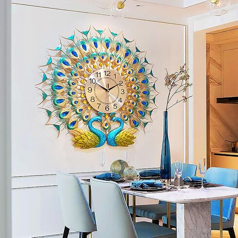 Large Peacock Wall Clock for Living Room Decor 28 inch Metal Design Non-Ticking Silent Modern Art Decorative Wall Clocks for Dining Room Bedroom in Saudi Arabia