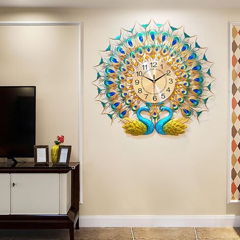 Large Peacock Wall Clock for Living Room Decor 28 inch Metal Design Non-Ticking Silent Modern Art Decorative Wall Clocks for Dining Room Bedroom in Saudi Arabia
