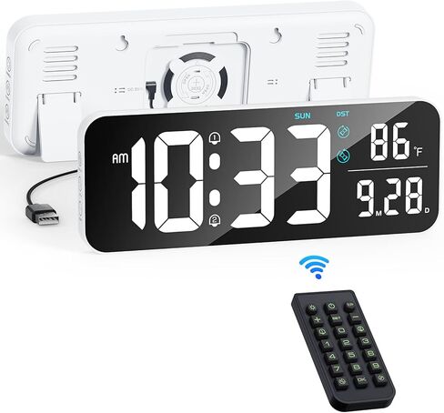 Deeyaple Digital Wall Clock, 14.6 Inch LED Large Display Date Temperature 12/24H Time Week Remote Control 10 Adjustable Brightness Dual Alarm Timer Countdown Kitchen Office Bedroom White Light, White in Saudi Arabia