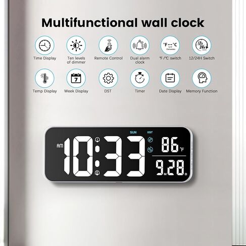 Deeyaple Digital Wall Clock, 14.6 Inch LED Large Display Date Temperature 12/24H Time Week Remote Control 10 Adjustable Brightness Dual Alarm Timer Countdown Kitchen Office Bedroom White Light, White in Saudi Arabia