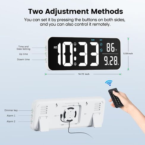 Deeyaple Digital Wall Clock, 14.6 Inch LED Large Display Date Temperature 12/24H Time Week Remote Control 10 Adjustable Brightness Dual Alarm Timer Countdown Kitchen Office Bedroom White Light, White in Saudi Arabia