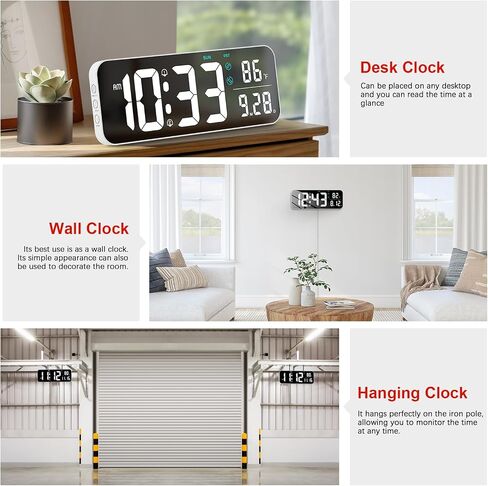 Deeyaple Digital Wall Clock, 14.6 Inch LED Large Display Date Temperature 12/24H Time Week Remote Control 10 Adjustable Brightness Dual Alarm Timer Countdown Kitchen Office Bedroom White Light, White in Saudi Arabia