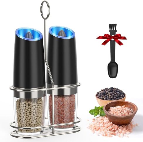 Gravity Electric Pepper and Salt Grinder Set,Battery Powered salt and pepper shakers set with Metal Stand, Automatic Pepper Mill with LED Light,Adjustable Coarseness,One Hand Operation in Saudi Arabia