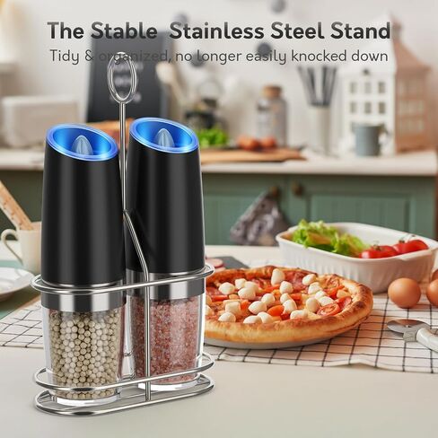 Gravity Electric Pepper and Salt Grinder Set,Battery Powered salt and pepper shakers set with Metal Stand, Automatic Pepper Mill with LED Light,Adjustable Coarseness,One Hand Operation in Saudi Arabia