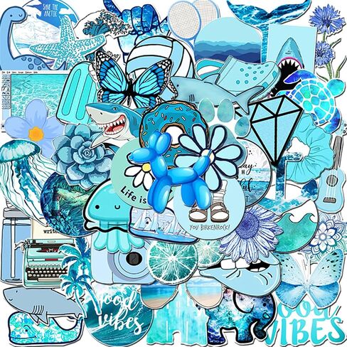 Vinyl Blue Stickers for Teens, 53Pcs Cute Stickers for Water Bottle Laptop Computer Phone Skateboard, Decal for Teens and Adults (Blue) in Saudi Arabia