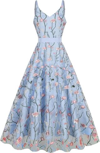 Women's Floral Embroidery Dress V Neck Mesh Vintage Cocktail Wedding Guest Gown Prom Evening Party Swing Dress in Saudi Arabia