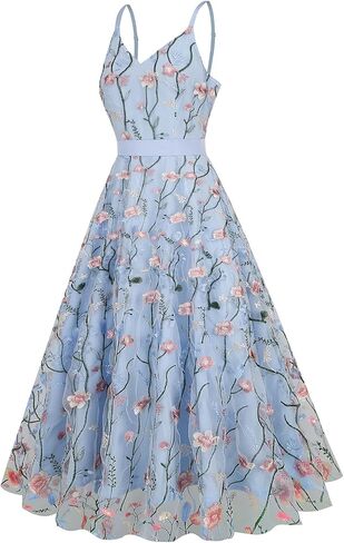 Women's Floral Embroidery Dress V Neck Mesh Vintage Cocktail Wedding Guest Gown Prom Evening Party Swing Dress in Saudi Arabia