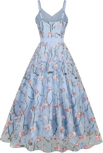 Women's Floral Embroidery Dress V Neck Mesh Vintage Cocktail Wedding Guest Gown Prom Evening Party Swing Dress in Saudi Arabia