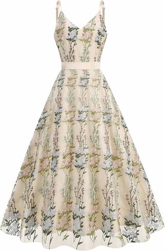 Women's Floral Embroidery Dress V Neck Mesh Vintage Cocktail Wedding Guest Gown Prom Evening Party Swing Dress in Saudi Arabia