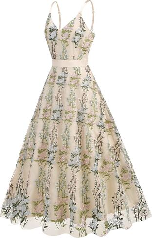 Women's Floral Embroidery Dress V Neck Mesh Vintage Cocktail Wedding Guest Gown Prom Evening Party Swing Dress in Saudi Arabia