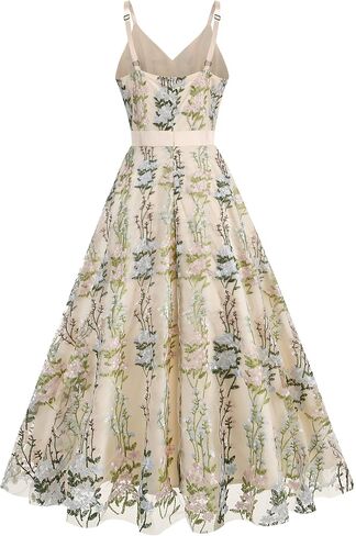 Women's Floral Embroidery Dress V Neck Mesh Vintage Cocktail Wedding Guest Gown Prom Evening Party Swing Dress in Saudi Arabia