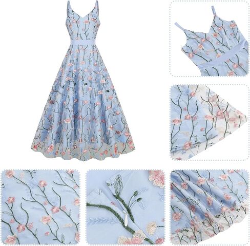 Women's Floral Embroidery Dress V Neck Mesh Vintage Cocktail Wedding Guest Gown Prom Evening Party Swing Dress in Saudi Arabia