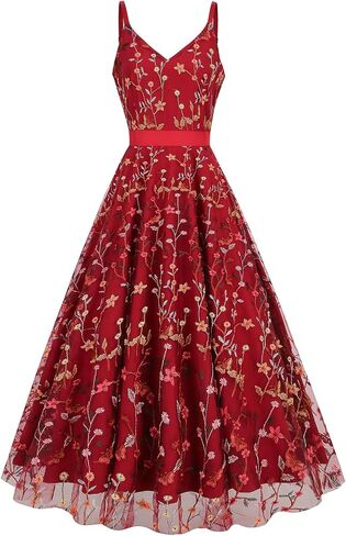 Women's Floral Embroidery Dress V Neck Mesh Vintage Cocktail Wedding Guest Gown Prom Evening Party Swing Dress in Saudi Arabia