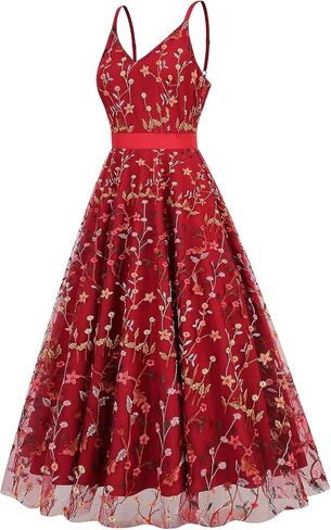 Women's Floral Embroidery Dress V Neck Mesh Vintage Cocktail Wedding Guest Gown Prom Evening Party Swing Dress in Saudi Arabia