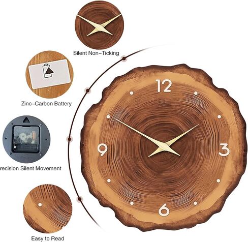 Wood Wall Clock for Living Room Decor - Rustic Wall Clocks Battery Operated 12 Inch - Brown Analog Silent Wall Clock Non Ticking in Saudi Arabia