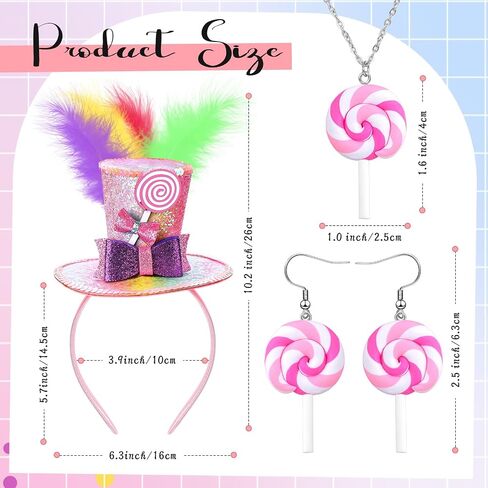 4 Piece Candy Costume Accessories Mini Top Hat Feathers Headband Sweet Rainbow Necklace Lollipop Earrings for Women Girls Photo Props Candy Theme Party Cosplay Outfit Accessories in Kuwait