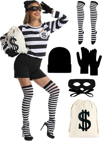 Burglar Costume for Women - Bank Robber Striped Shirt, Mask, Gloves, Bag, Cap & Socks in Saudi Arabia