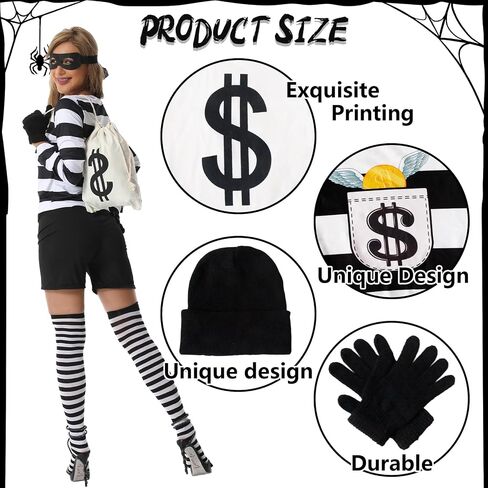 Burglar Costume for Women - Bank Robber Striped Shirt, Mask, Gloves, Bag, Cap & Socks in Saudi Arabia