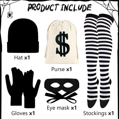 Burglar Costume for Women - Bank Robber Striped Shirt, Mask, Gloves, Bag, Cap & Socks in Saudi Arabia
