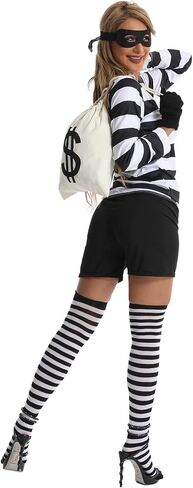 Burglar Costume for Women - Bank Robber Striped Shirt, Mask, Gloves, Bag, Cap & Socks in Saudi Arabia
