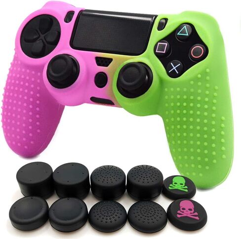 Anti-Slip Silicone with Dots on Hand Grip Skin Set, Protect for PlaySation 4 Controller (Alias Wireless DualShock 4), which 1pcs PinkGreen Controller Skin + 8pcs Thumb Grip Caps in Saudi Arabia