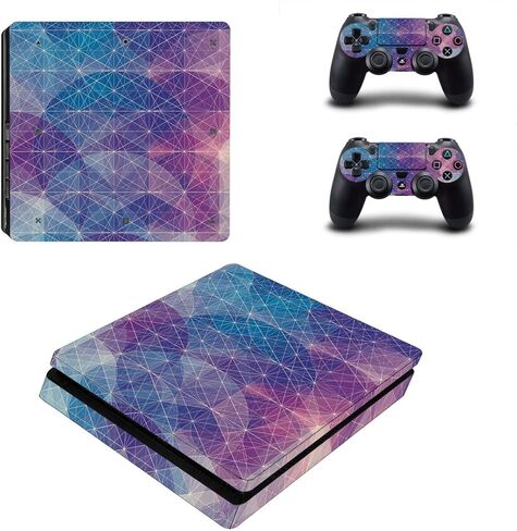 كامل الجسم الفينيل الجلد ملصق غطاء لاصق لامع لوحدة التحكم PS4 سليم و 2 قطعة تحكم الأزرق والأرجواني شبكة هندسية ودائرية in Kuwait