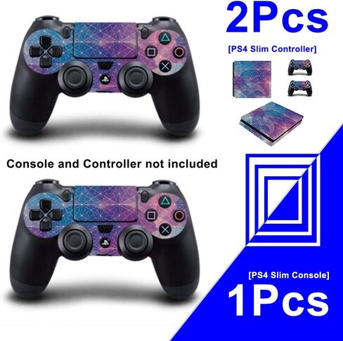 كامل الجسم الفينيل الجلد ملصق غطاء لاصق لامع لوحدة التحكم PS4 سليم و 2 قطعة تحكم الأزرق والأرجواني شبكة هندسية ودائرية in Kuwait