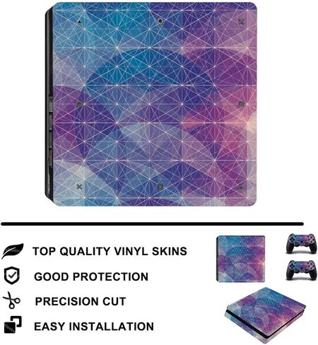 كامل الجسم الفينيل الجلد ملصق غطاء لاصق لامع لوحدة التحكم PS4 سليم و 2 قطعة تحكم الأزرق والأرجواني شبكة هندسية ودائرية in Kuwait