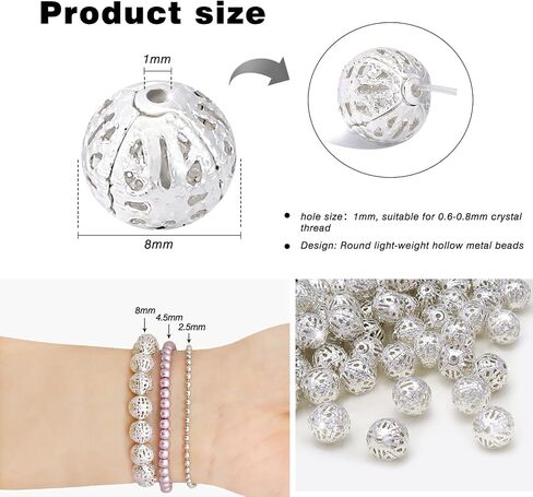 TOAOB 100pcs 8mm Silver Plated Filigree Hollow Ball Beads Round Metal Loose Spacer Beads for DIY Crafts Bracelets Necklaces Earrings Jewelry Making in Saudi Arabia