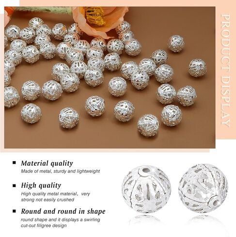 TOAOB 100pcs 8mm Silver Plated Filigree Hollow Ball Beads Round Metal Loose Spacer Beads for DIY Crafts Bracelets Necklaces Earrings Jewelry Making in Saudi Arabia