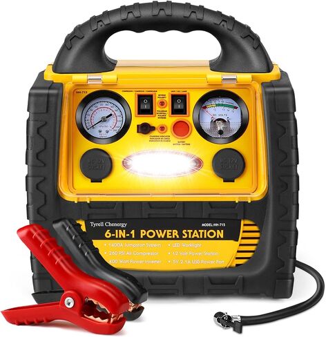 FlyAuto 1400 Peak Amp 12V Car Battery Jump Starter with Air Compressor 260 PSI Tire Inflator,Portable Power Station 110V 400 Watt Inverter with AC/DC/USB Outlets in Kuwait