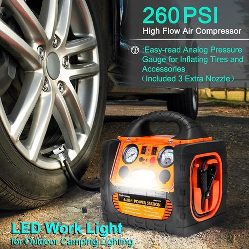 FlyAuto 1400 Peak Amp 12V Car Battery Jump Starter with Air Compressor 260 PSI Tire Inflator,Portable Power Station 110V 400 Watt Inverter with AC/DC/USB Outlets in Kuwait