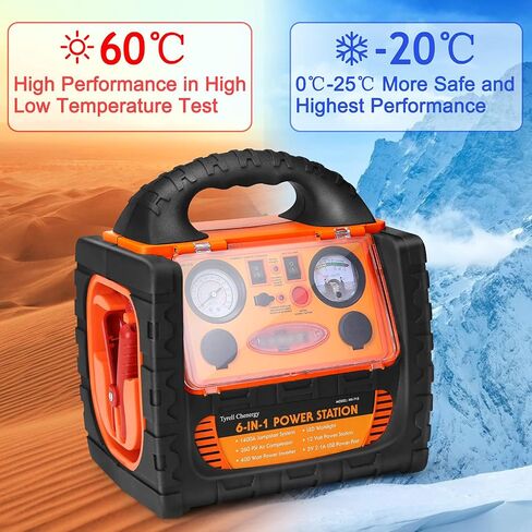 FlyAuto 1400 Peak Amp 12V Car Battery Jump Starter with Air Compressor 260 PSI Tire Inflator,Portable Power Station 110V 400 Watt Inverter with AC/DC/USB Outlets in Kuwait