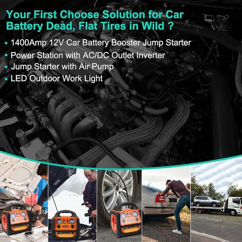 FlyAuto 1400 Peak Amp 12V Car Battery Jump Starter with Air Compressor 260 PSI Tire Inflator,Portable Power Station 110V 400 Watt Inverter with AC/DC/USB Outlets in Kuwait