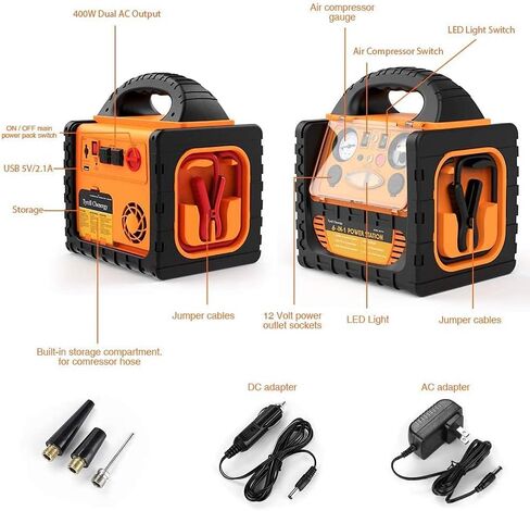 FlyAuto 1400 Peak Amp 12V Car Battery Jump Starter with Air Compressor 260 PSI Tire Inflator,Portable Power Station 110V 400 Watt Inverter with AC/DC/USB Outlets in Kuwait