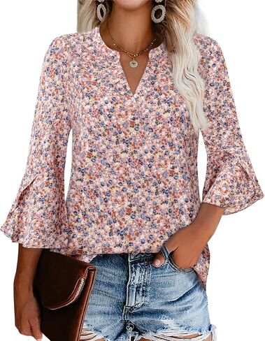 Gaharu Women's Work Blouses Ruffle 3/4 Sleeve Dressy Top V Neck Casual Chiffon Tunic Blouses Business Shirts in Kuwait