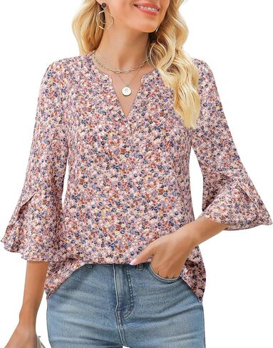 Gaharu Women's Work Blouses Ruffle 3/4 Sleeve Dressy Top V Neck Casual Chiffon Tunic Blouses Business Shirts in Kuwait