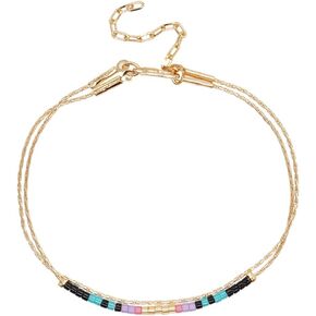 Gold Dainty Beaded Adjustable Link Bracelets for Women Girls, Cute Handmade Colorful Black Purple Turquoise Beads Stones Boho Stackable Layered Friend Bracelet Trendy Fashion Jewelry Gift