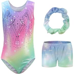 Gymnastics Leotards for Girls Kids Sparkly Ballet Dance Unitards Biketards Tumbling Shorts 3 Pcs Clothes Sets