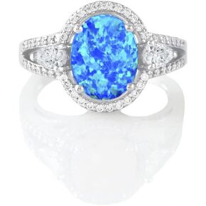 Savlano 14K White Gold Plated Created Oval Blue Opal Stone with Cubic Zirconia Ring for Women & Girls - Comes With a Gift Box