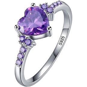 925 Sterling Silver Purple Heart Shaped Zircon Ring Purple Amethyst Halo Promise Ring Good Luck Birthstone Ring Delicate Engagement Wedding Proposal Adjustable Ring for Women Girls