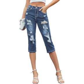 Metietila Women's Mid-Rise Capri Jeans Ripped Stretch Jean Capris Denim Pants