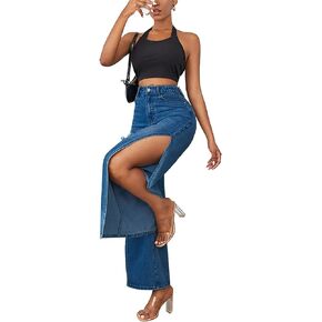 Women's High Waisted Wide Leg Ripped Jeans High Side Slit Distressed Denim Jeans Pants Relaxed Fit